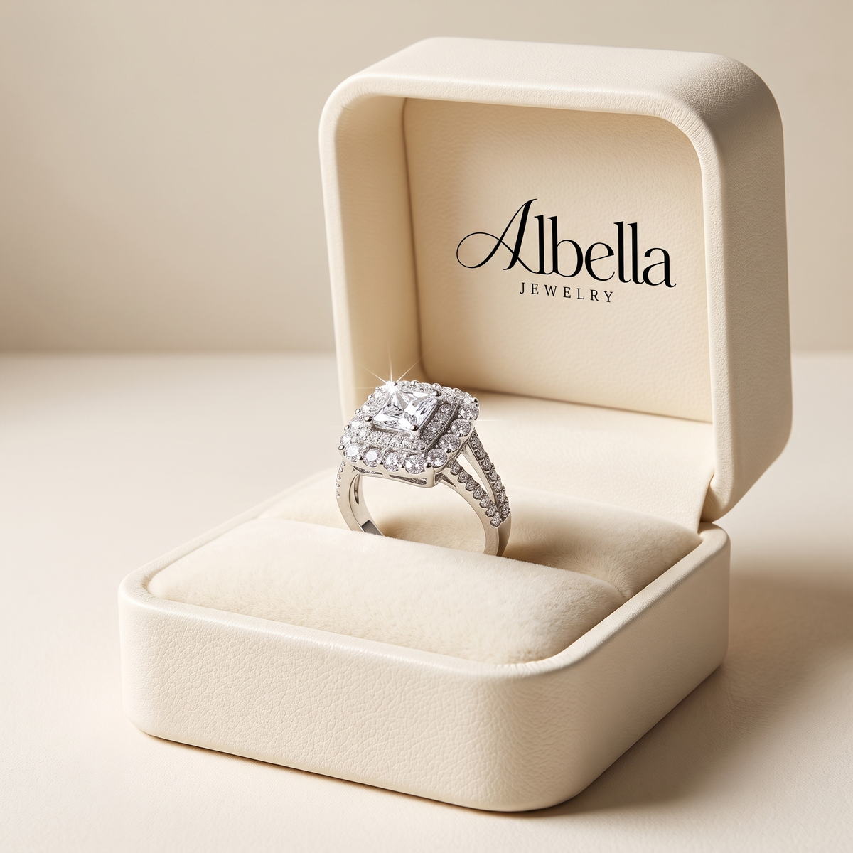 Square Zirconia Wedding Ring in Albella Jewelry gift box