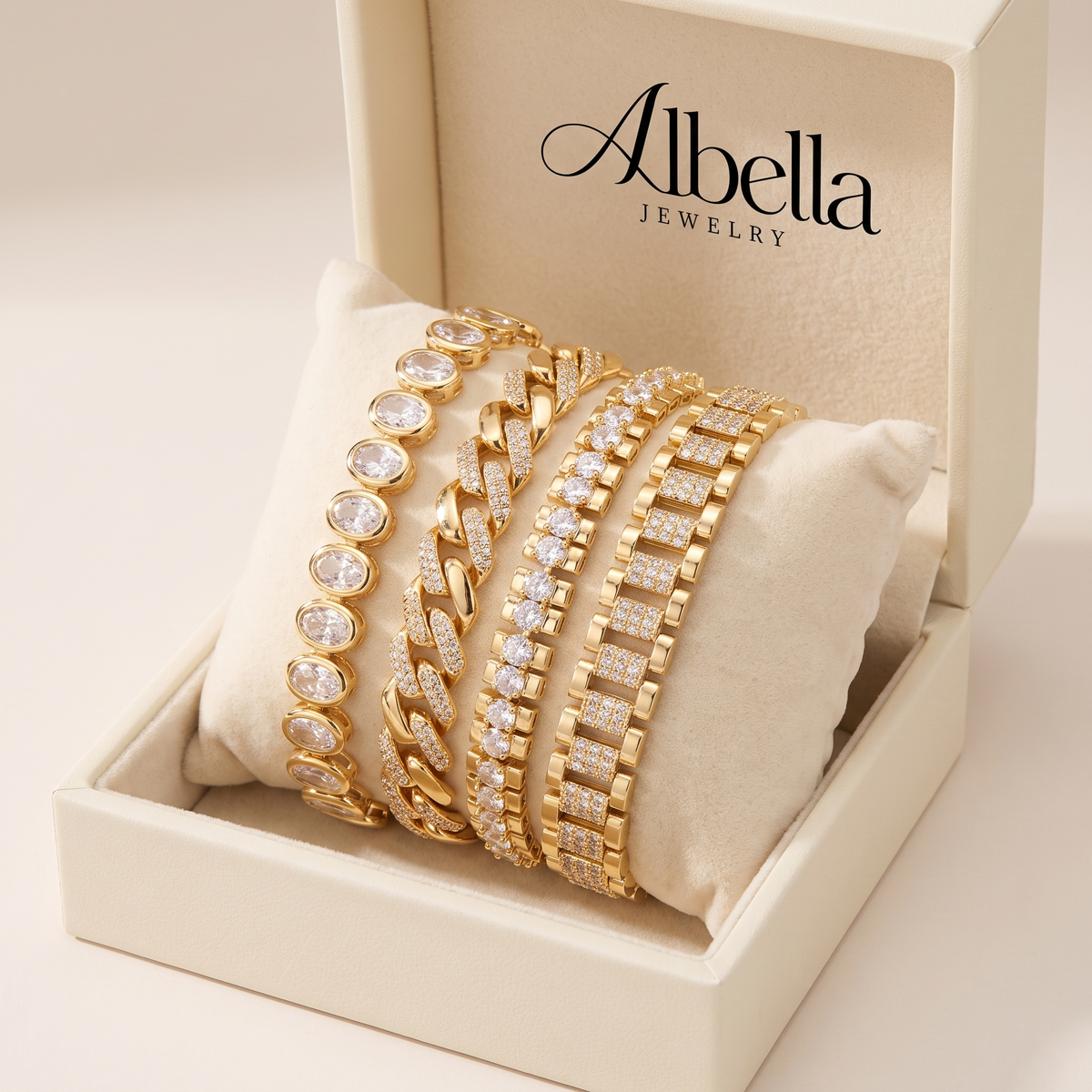 Adjustable Chunky Gold Bracelet Set with Cubic Zirconia in Albella Jewelry gift box