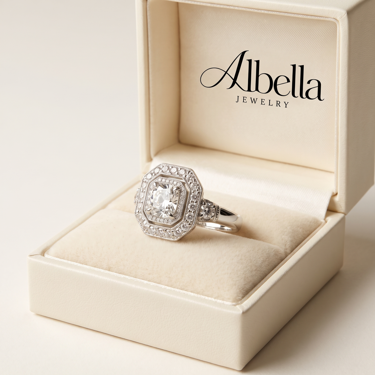 Vintage Crystalline Silver Ring in Albella Jewelry gift box