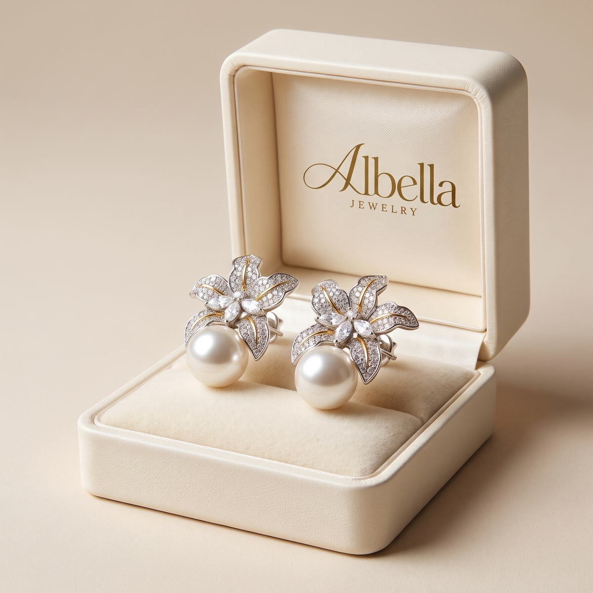Exquisite Pearl Flower Earrings – White Gold in Albella Jewelry gift box
