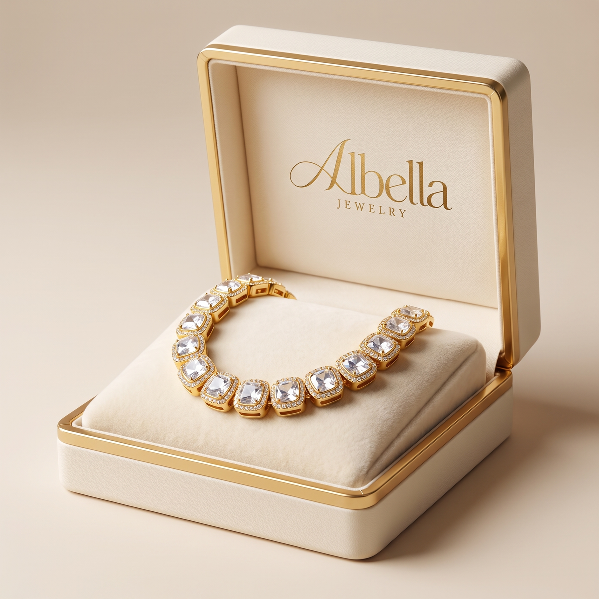 Victoria Square Tennis Necklace – Gold in Albella Jewelry gift box