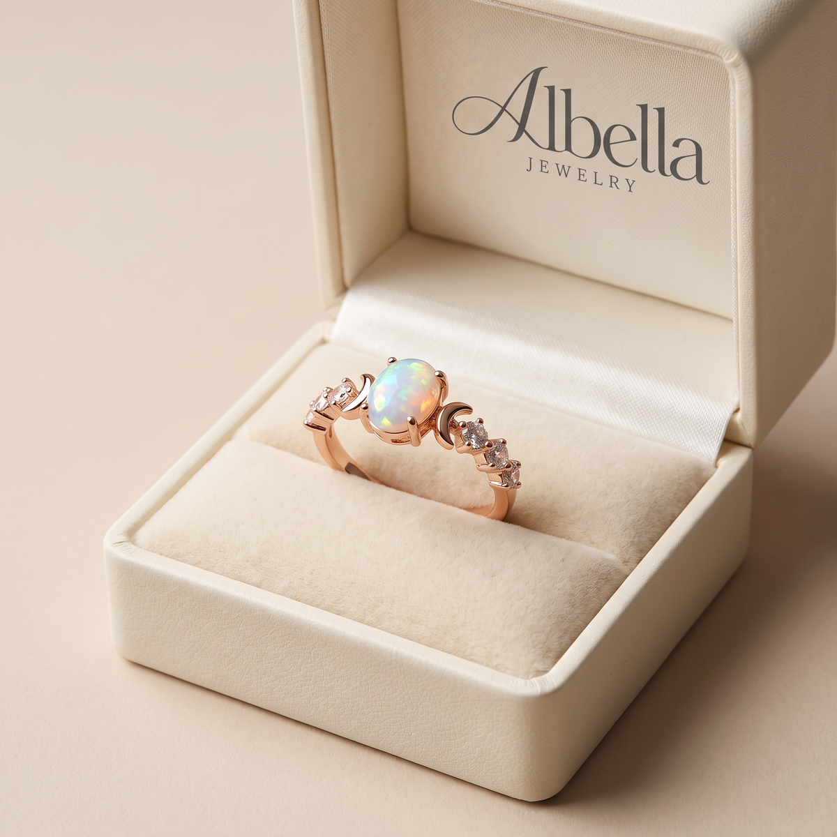 Opal Crescent Moon Ring – Rose Gold in Albella Jewelry gift box