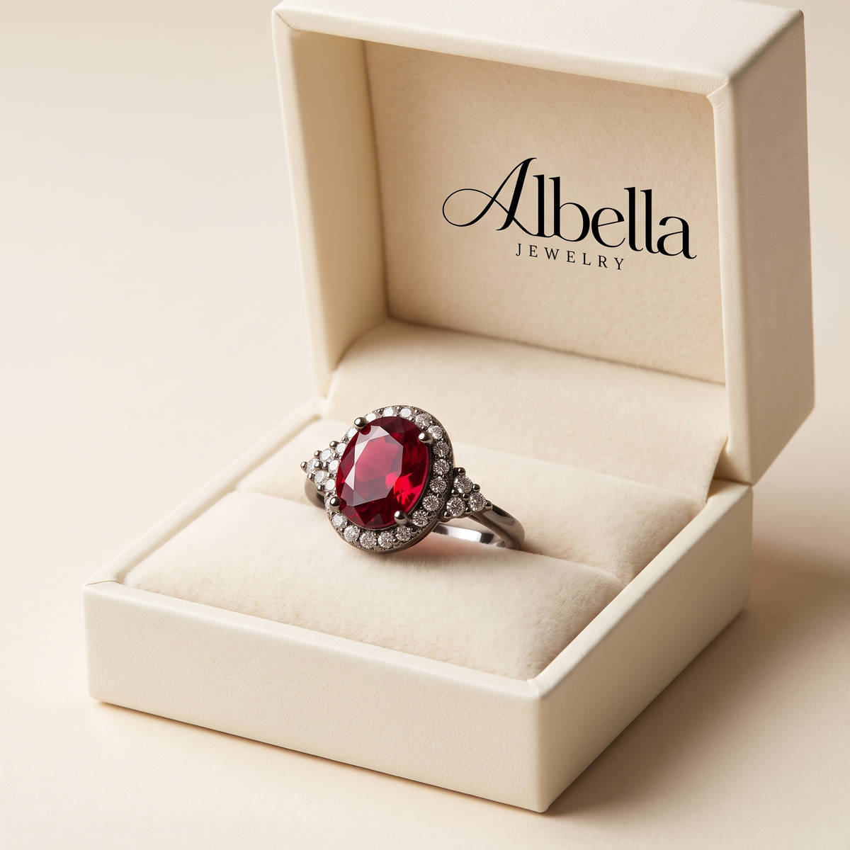 Ruby Halo Ring – Silver in Albella Jewelry gift box