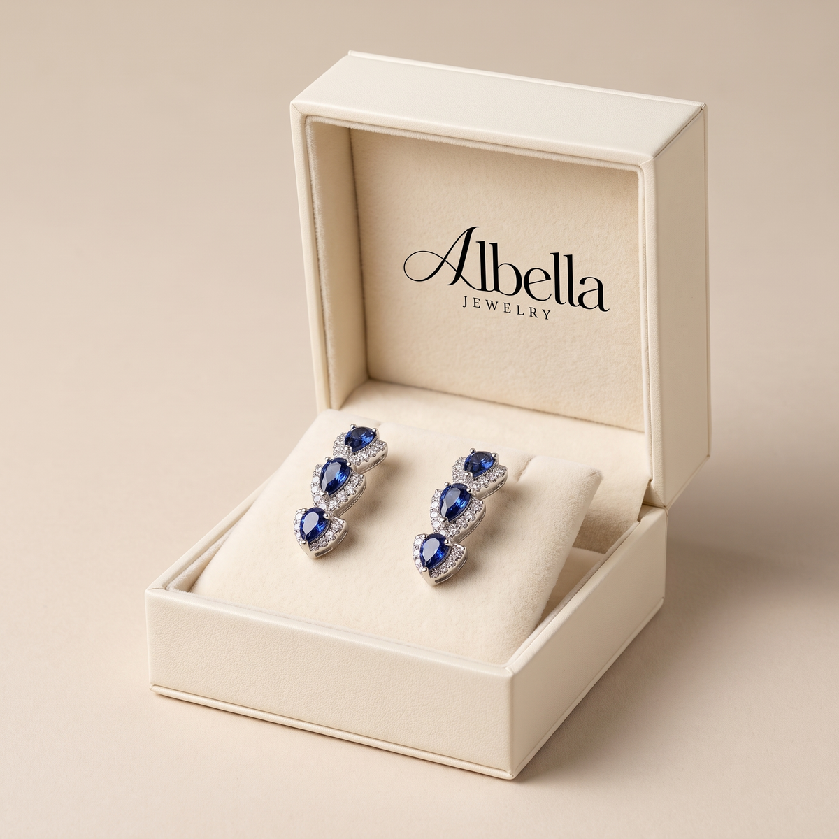 Sapphire Halo Hoop Earrings – Silver in Albella Jewelry gift box