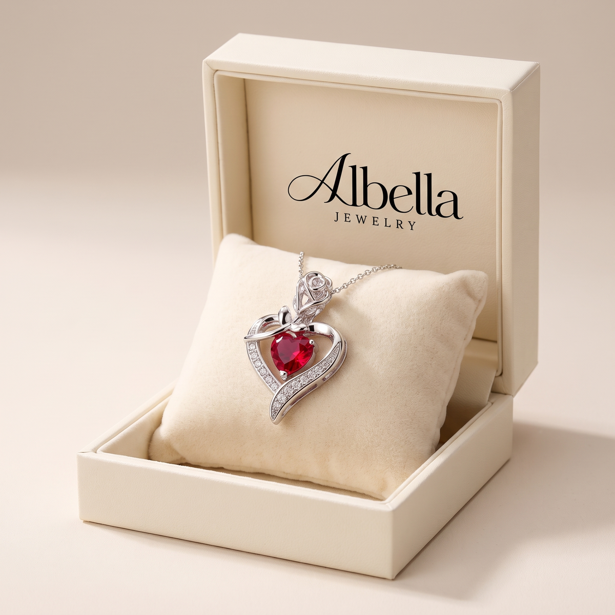 Ruby Heart Pendant Necklace – Silver in Albella Jewelry gift box