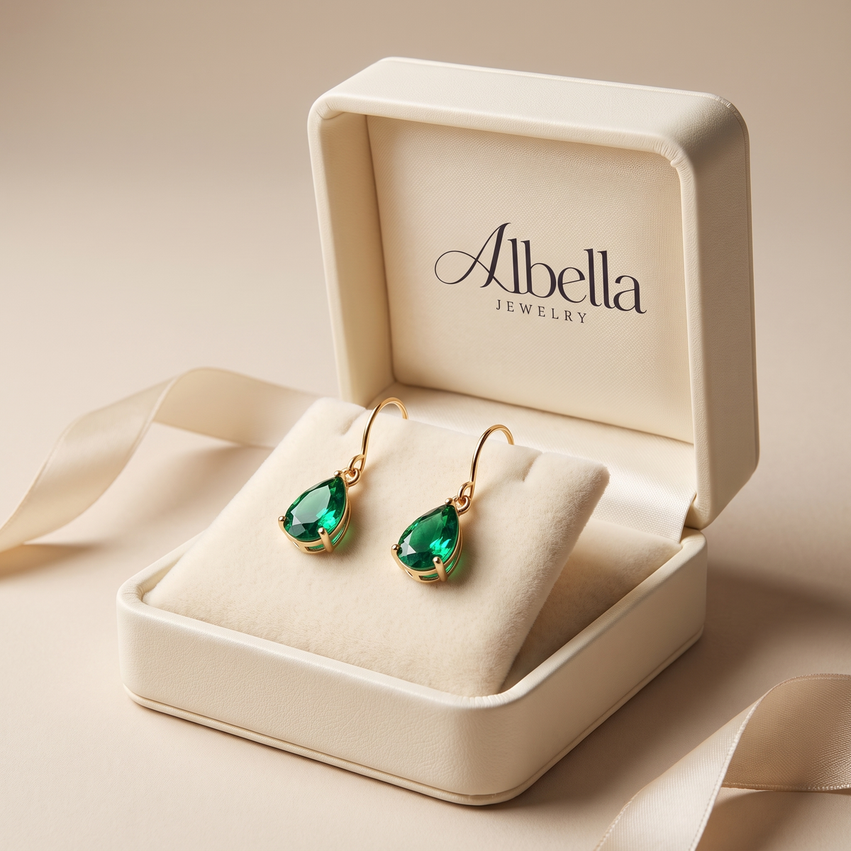 Emerald Teardrop Earrings – Gold in Albella Jewelry gift box
