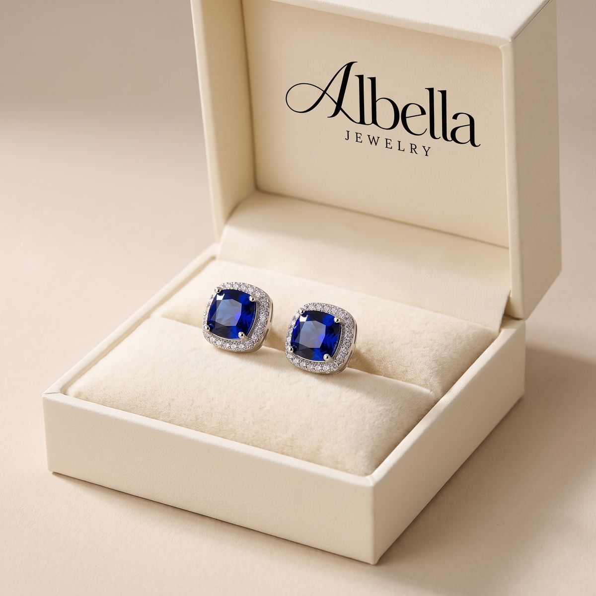 Sapphire Halo Stud Earrings – Silver in Albella Jewelry gift box