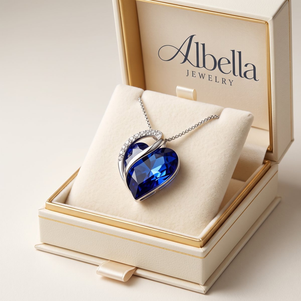 Sapphire Heart Necklace – Silver in Albella Jewelry gift box