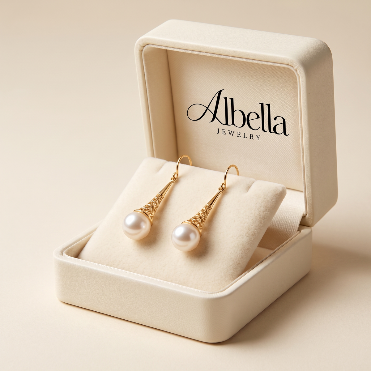Filigree Pearl Drop Earrings – Gold in Albella Jewelry gift box