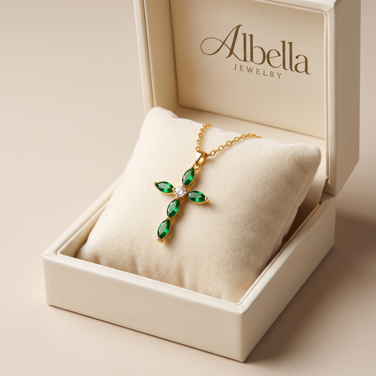 Marquise Emerald Cross Necklace – Gold in Albella Jewelry gift box