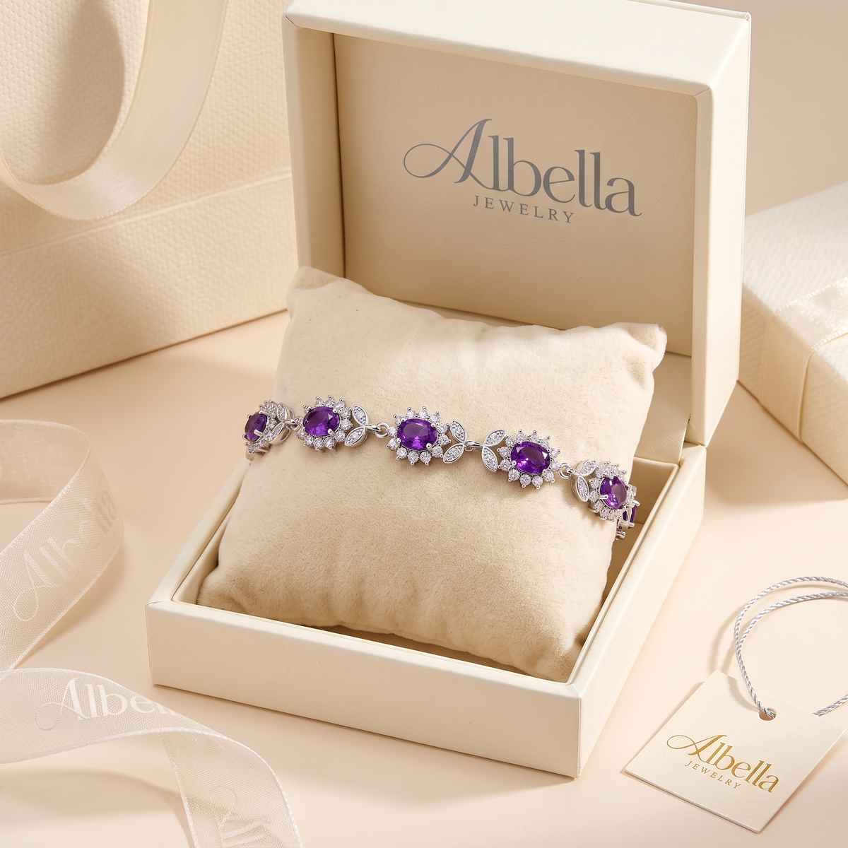 Floral Amethyst Bracelet – Silver in Albella Jewelry gift box