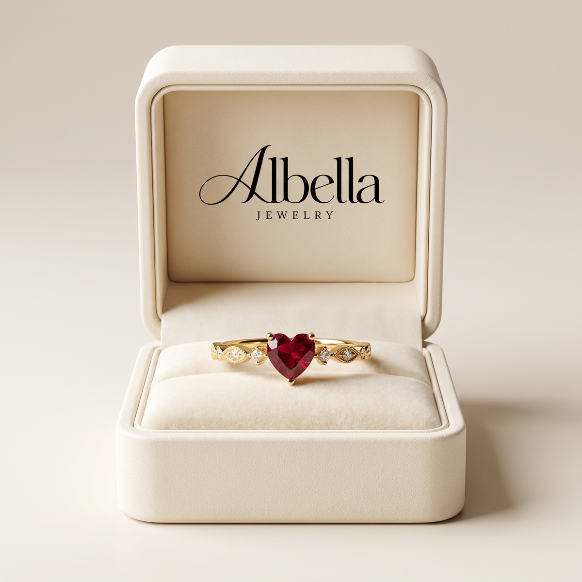 Ruby Heart Ring – Gold in Albella Jewelry gift box