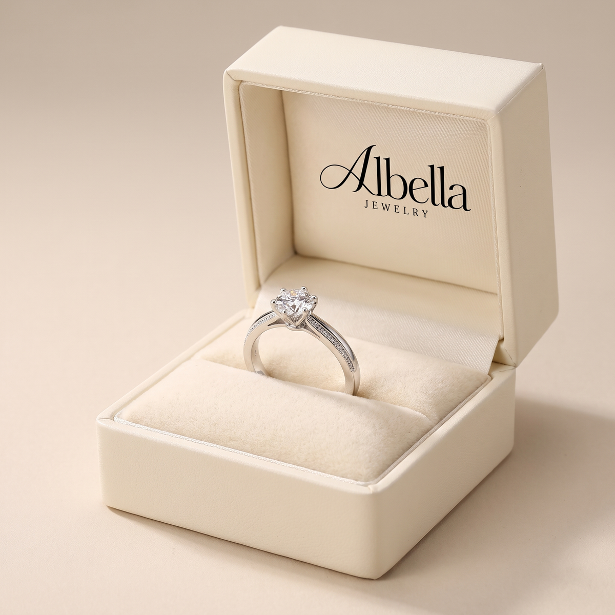 Clara Signature Solitaire Ring in Albella Jewelry gift box