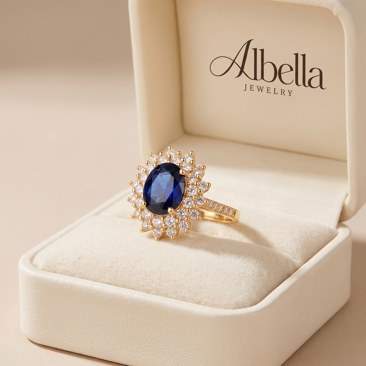 Sapphire Halo Ring – Gold in Albella Jewelry gift box