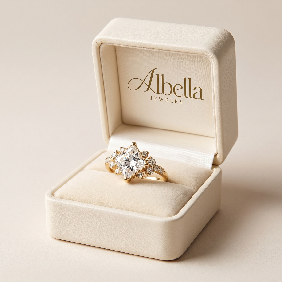 Square Solitaire Ring – Gold in Albella Jewelry gift box