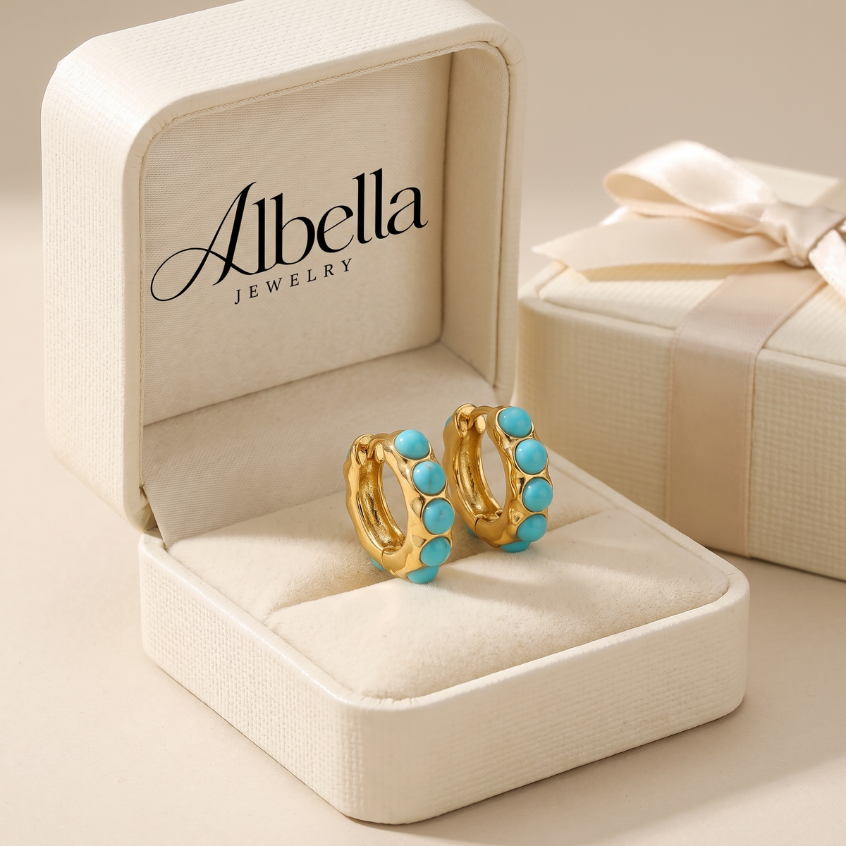 Turquoise Stone Hoop Earrings in Albella Jewelry gift box