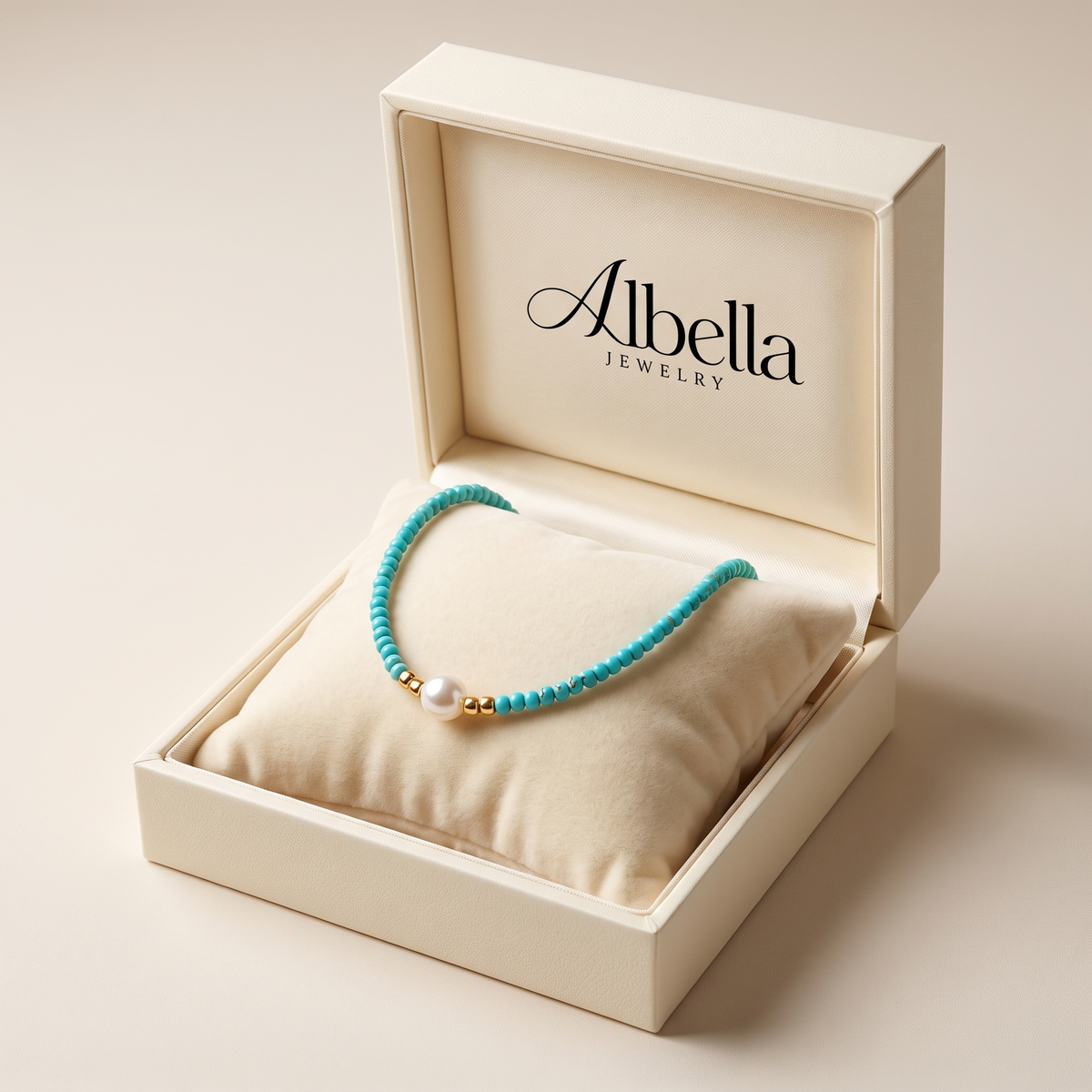 Minimalist Turquoise and Pearl Necklace in Albella Jewelry gift box