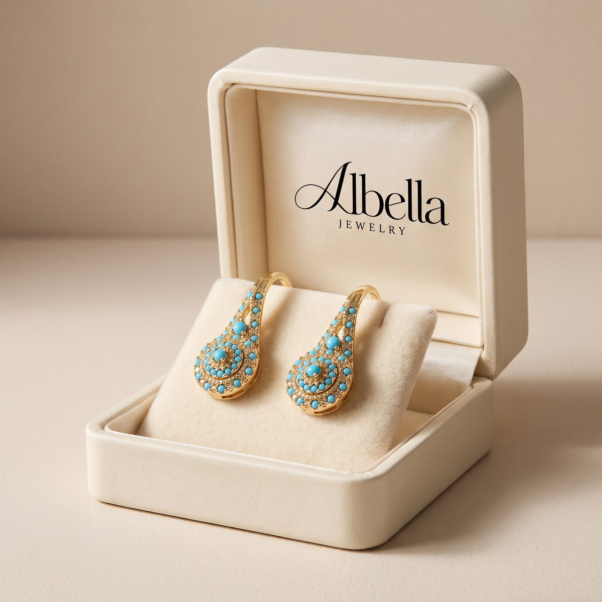 Gold Turquoise Flower Earrings in Albella Jewelry gift box