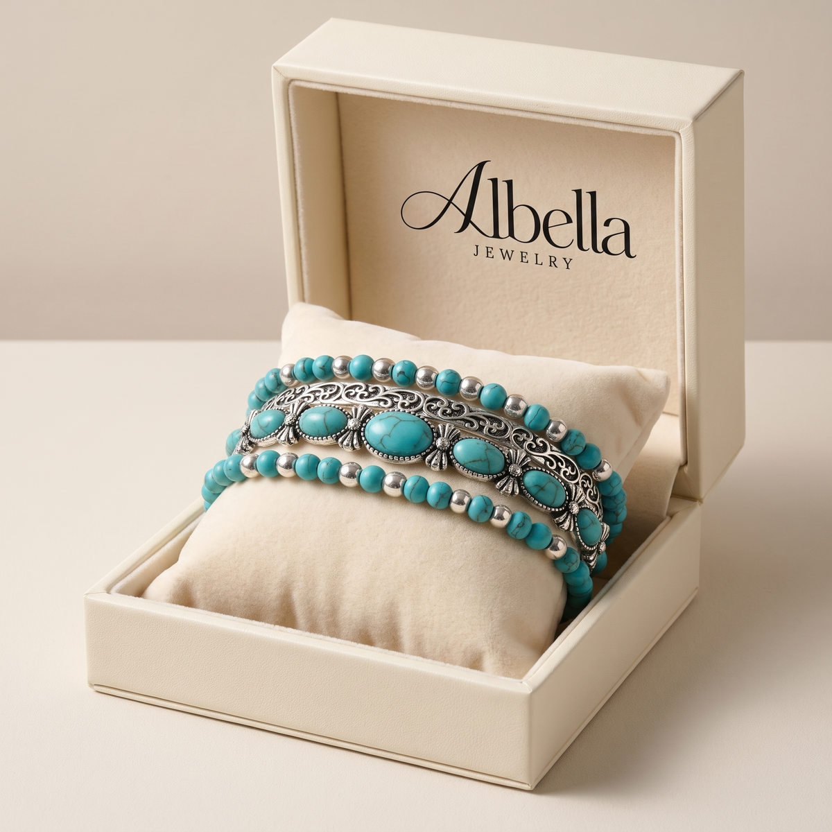 Premium Turquoise Beaded Bracelet Set in Albella Jewelry gift box