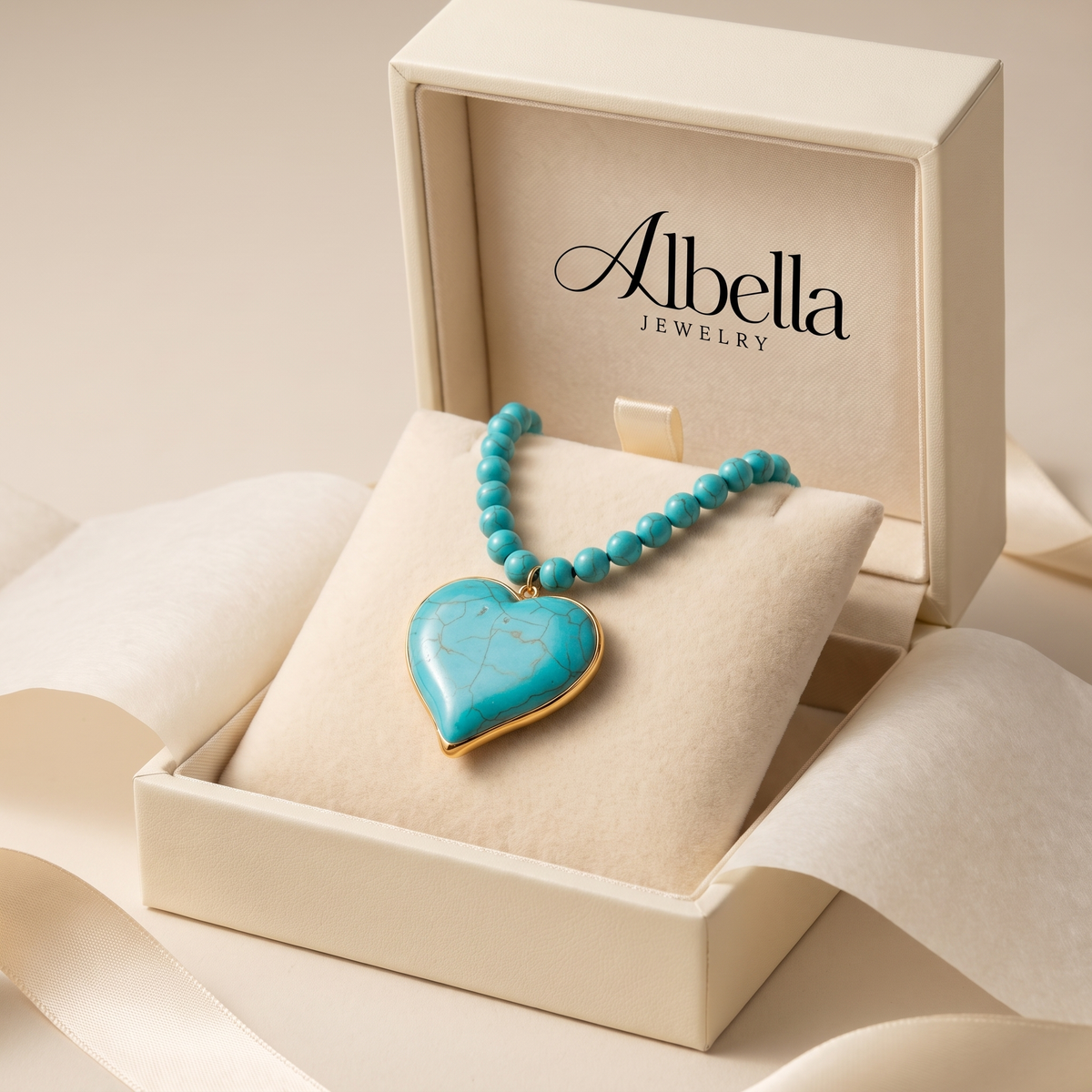Heart-Shaped Turquoise Pearl Necklace in Albella Jewelry gift box
