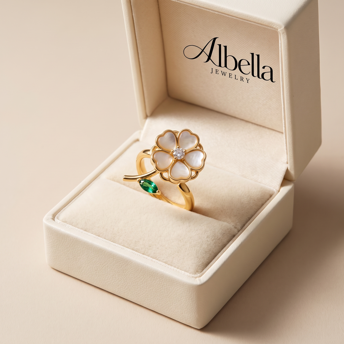 Emerald Flower and Leaf Spinner Ring in Albella Jewelry gift box