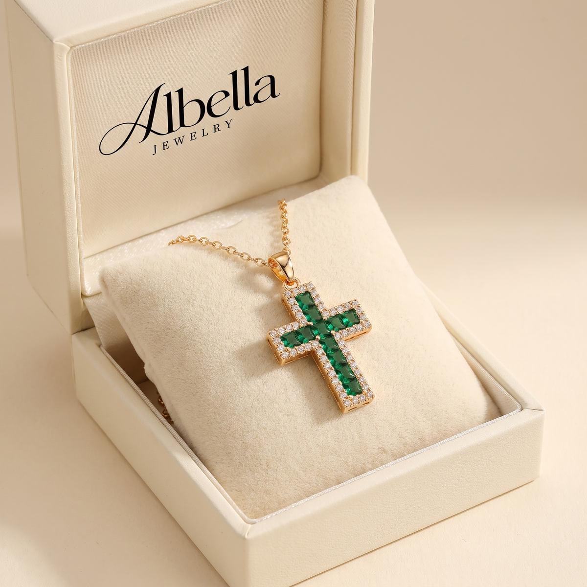 Solene Emerald Cross Pendant Necklace in Albella Jewelry gift box
