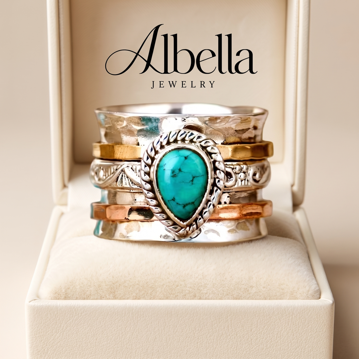 Sophisticated Inlaid Turquoise Ring in Albella Jewelry gift box