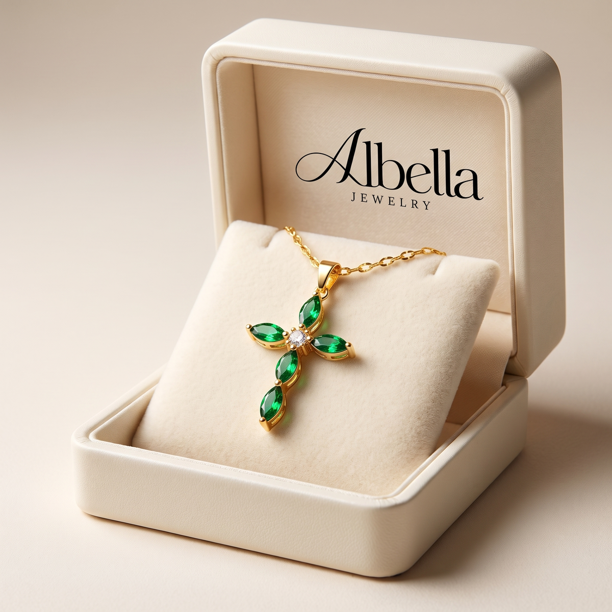 Emerald Cross Necklace in Albella Jewelry gift box