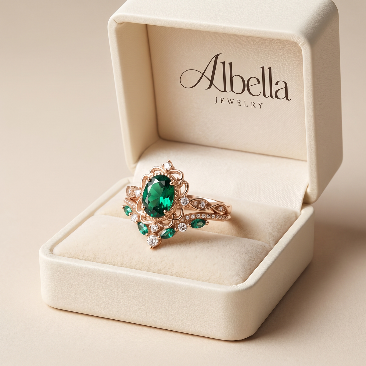 Aurelle Emerald Crown Ring Set in Albella Jewelry gift box