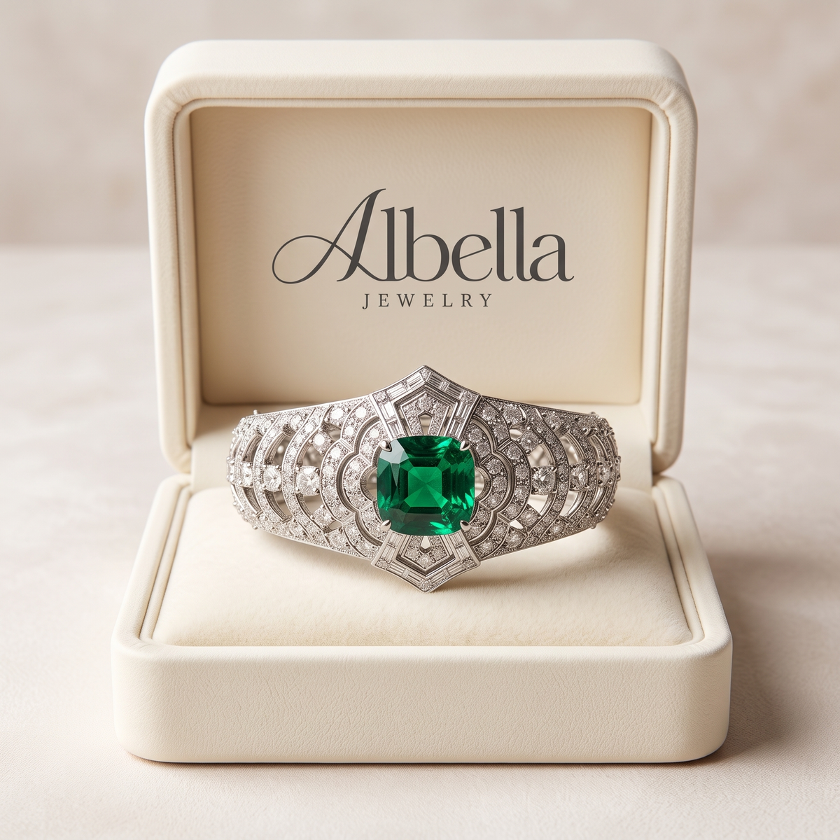Art Deco Emerald Ring in Albella Jewelry gift box