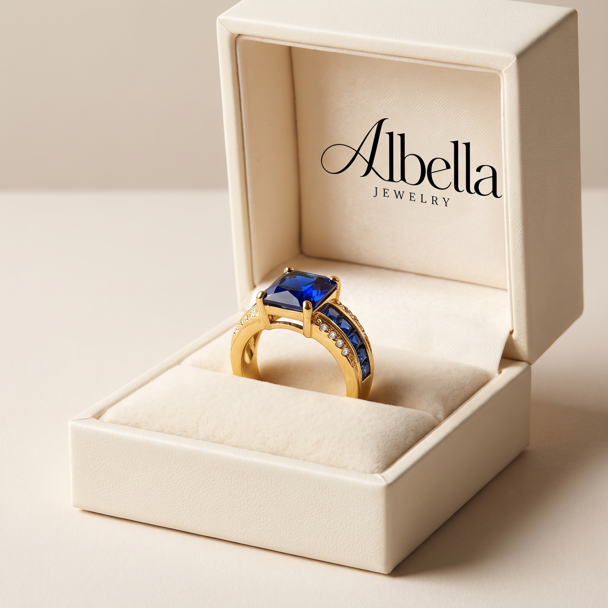 Gold Square-Cut Sapphire Ring in Albella Jewelry gift box