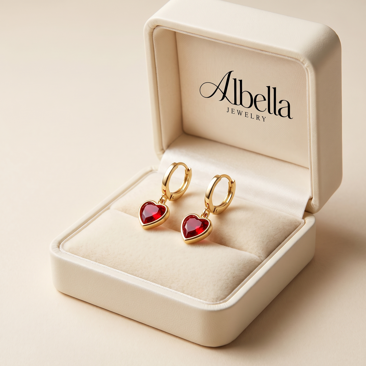 Gold Ruby Heart Drop Earrings in Albella Jewelry gift box