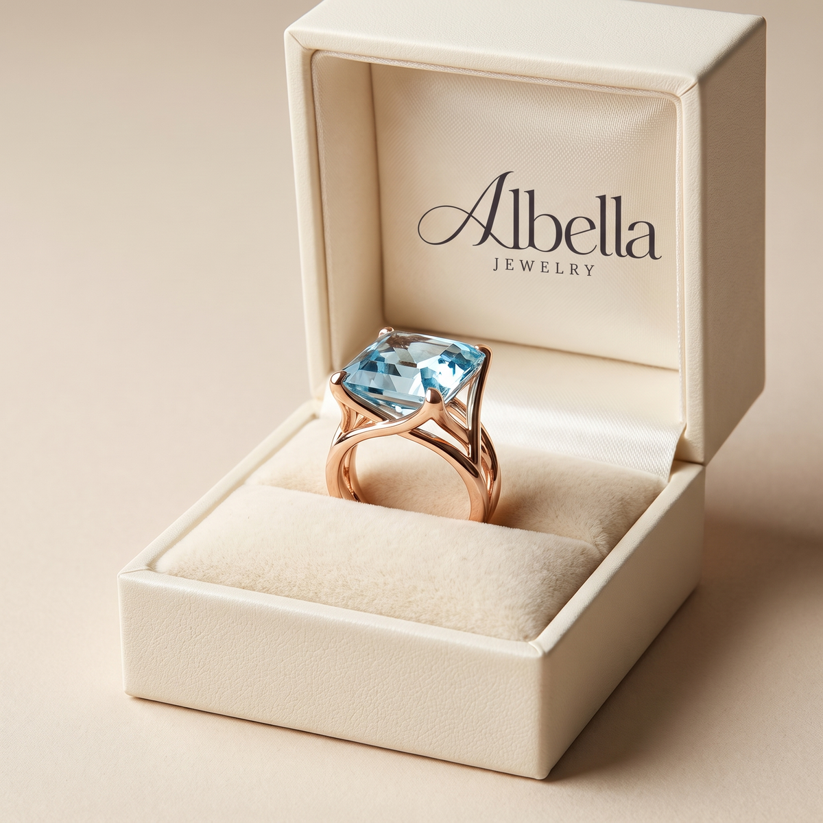 Antique-Inspired Rose Gold Ring with Blue Zircon in Albella Jewelry gift box
