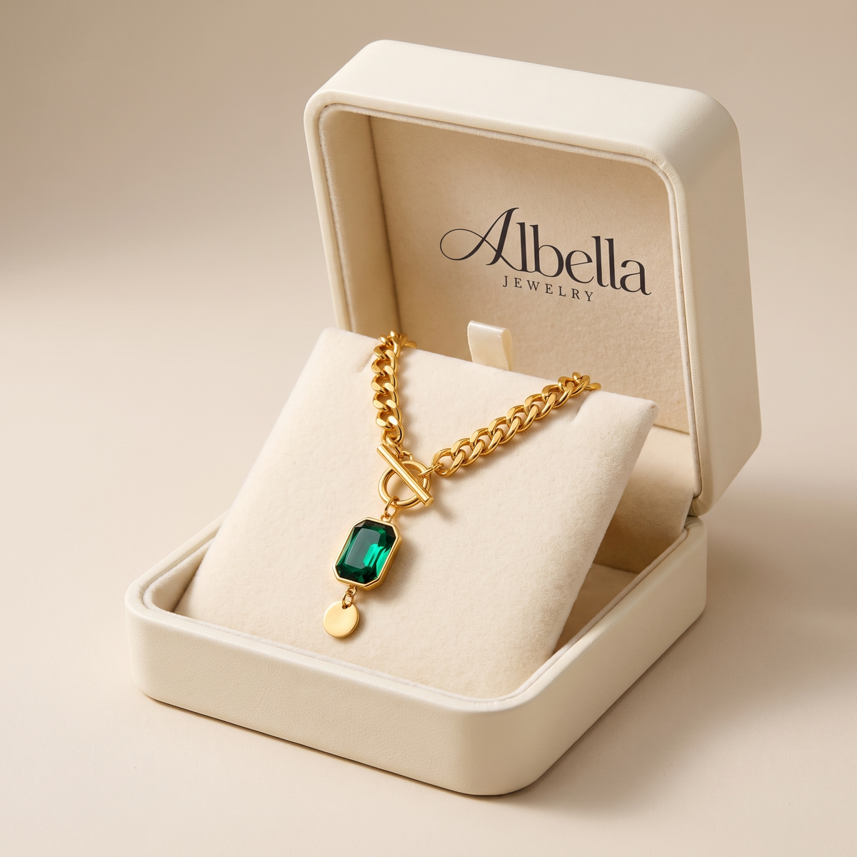 Gold Emerald Chain Necklace in Albella Jewelry gift box
