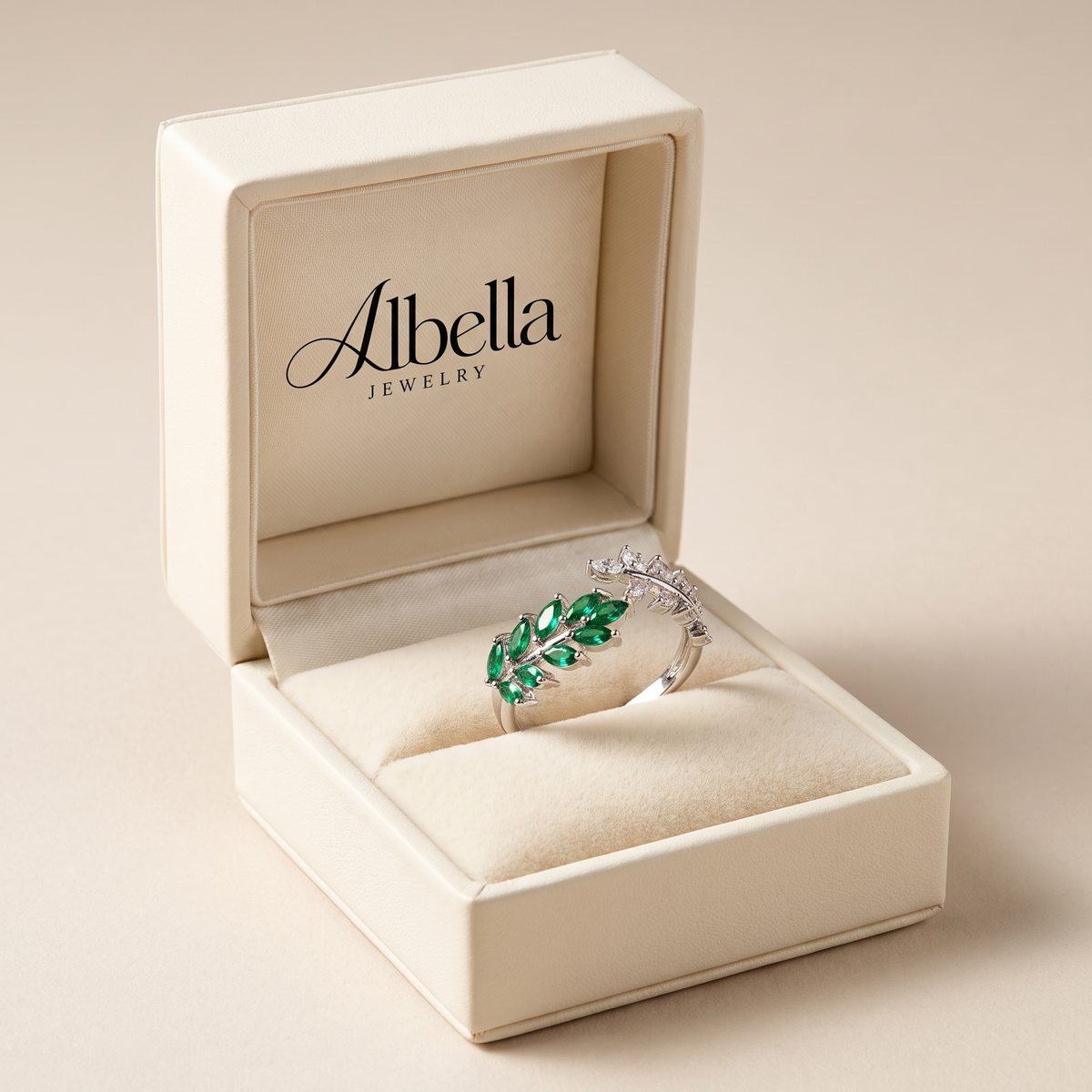 Antique-Inspired Green Leaf Ring in Albella Jewelry gift box