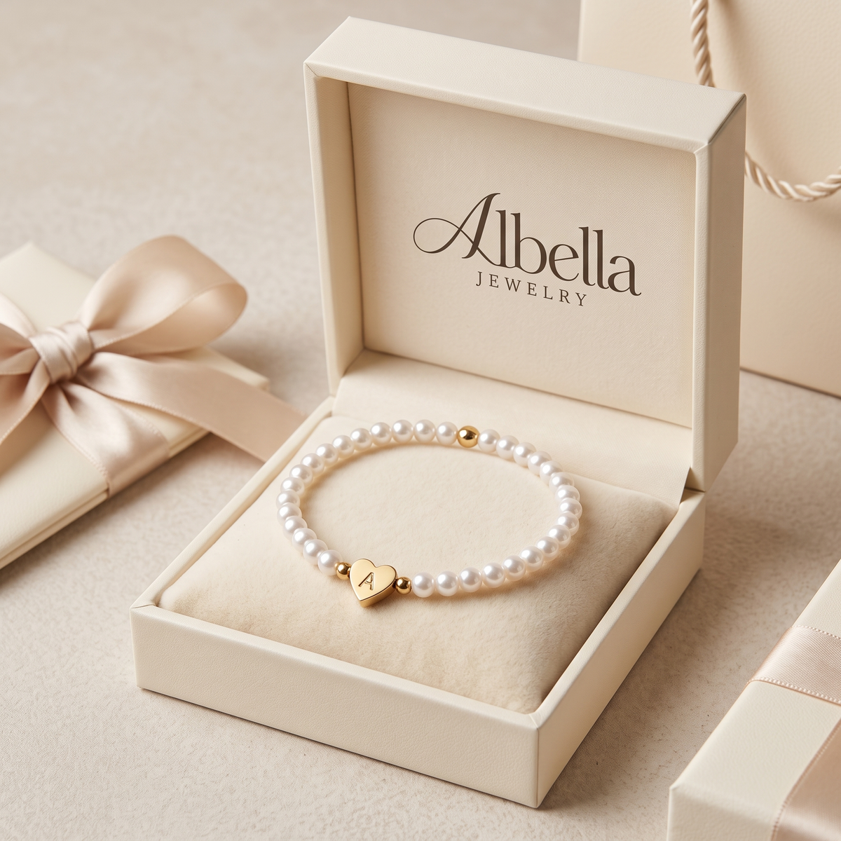 Chic A-Z Initial Bracelet with Heart Charm in Albella Jewelry gift box