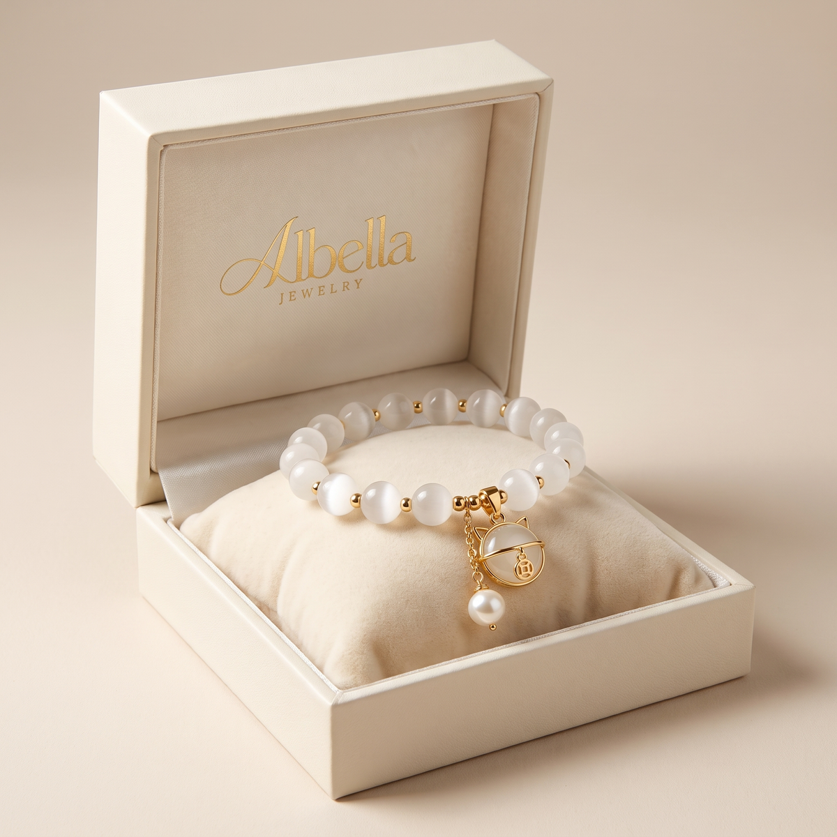 Beaded Bracelet with Lucky Cat Charm in Albella Jewelry gift box