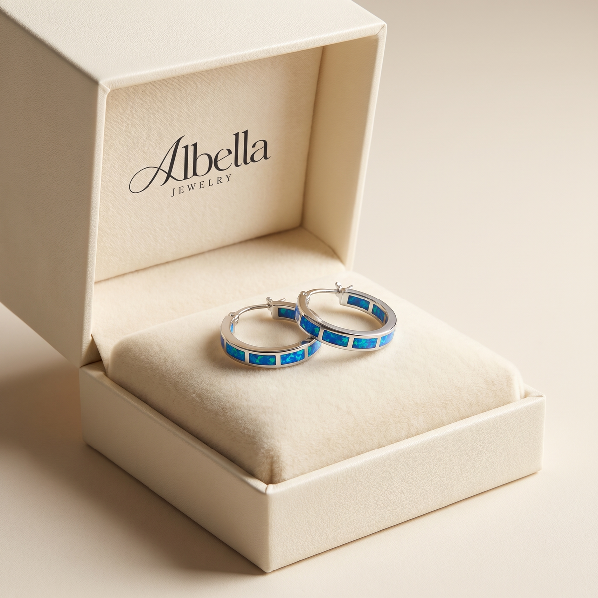 Chic Hoop Earrings with Blue Fire Opal in Albella Jewelry gift box