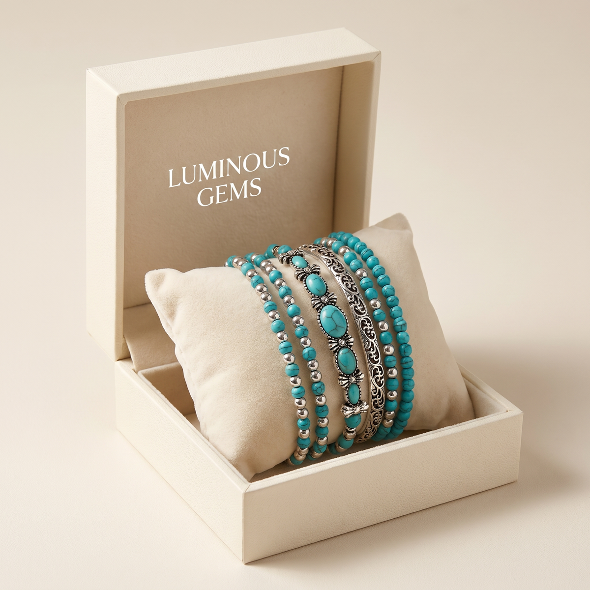 Bohemian Bracelet Set with Turquoise Beads in Albella Jewelry gift box