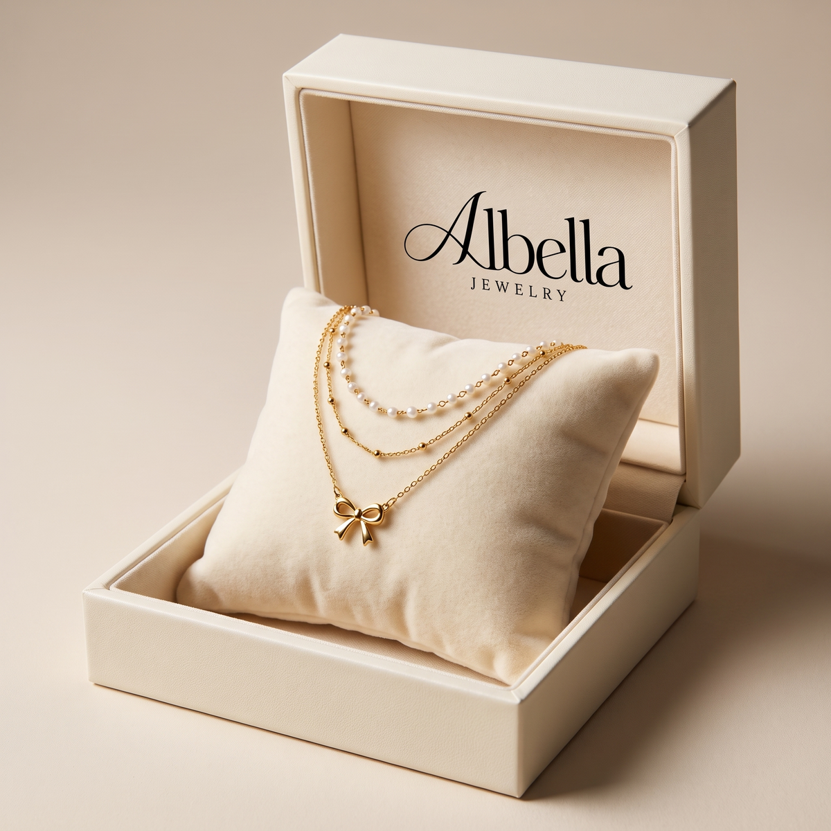 Minimalist Necklace with White Pearls in Albella Jewelry gift box