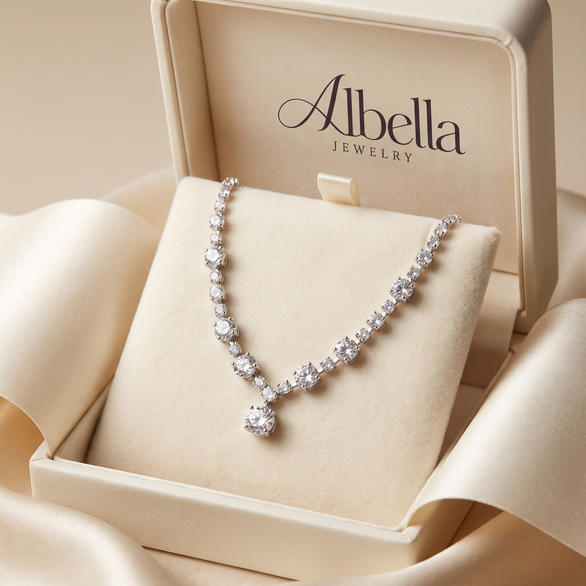 Elegant Diamond Bridal Necklace in Albella Jewelry gift box