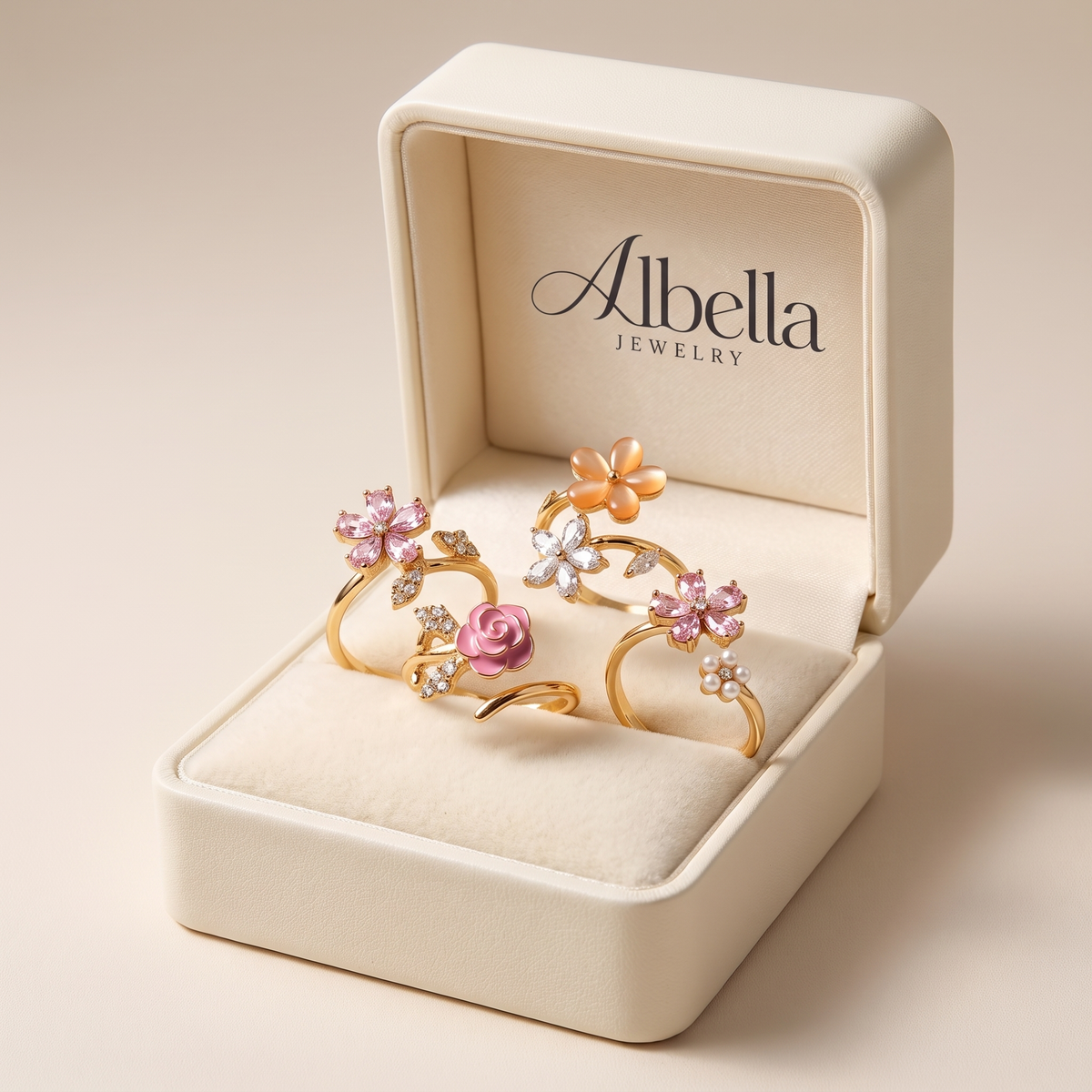 Alloy Ring Set with Rhinestones and Pearls in Albella Jewelry gift box