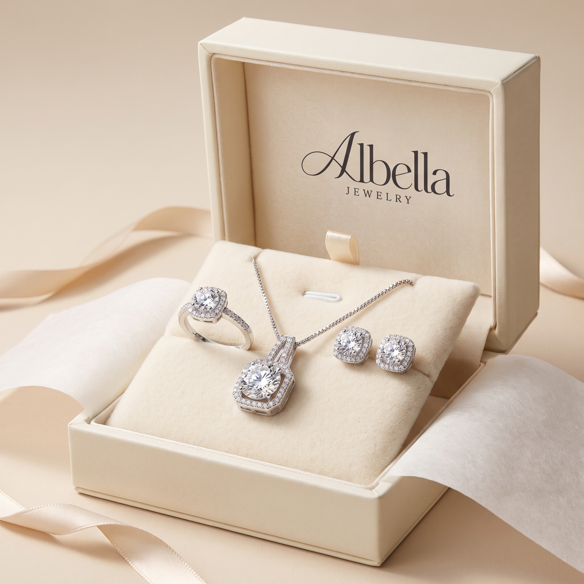 Aria Exclusive White Gold Radiant-Cut Jewelry Set in Albella Jewelry gift box