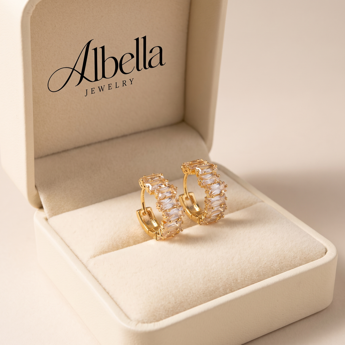 Elegant Gold Earrings with Zircon Sparkle in Albella Jewelry gift box