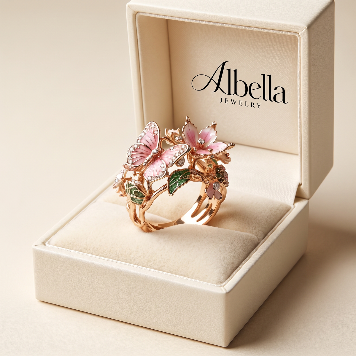 Nature-Inspired Luminous Butterfly Ring with Zircon in Albella Jewelry gift box