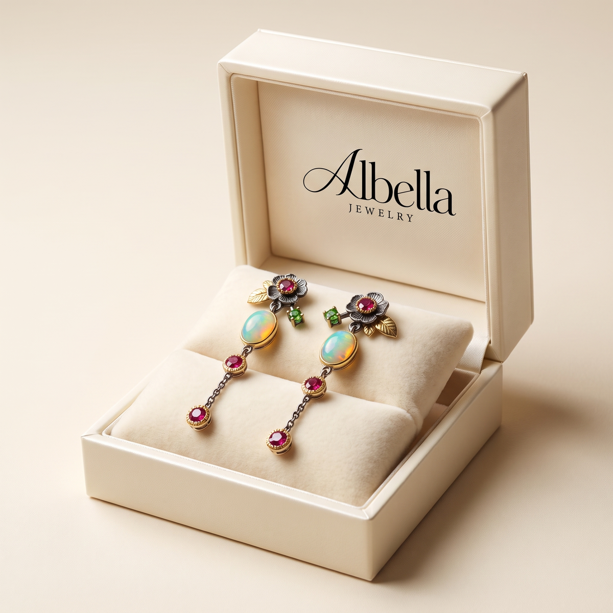 Bohemian Earrings with Opal and Red Zircon in Albella Jewelry gift box