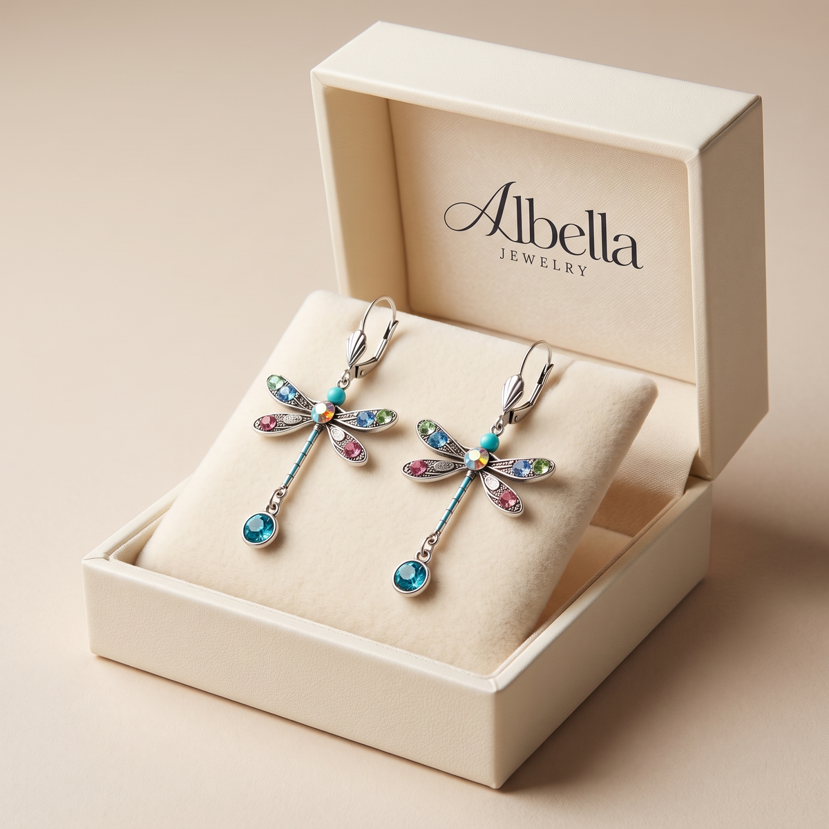Elegant Dragonfly Earrings in Albella Jewelry gift box