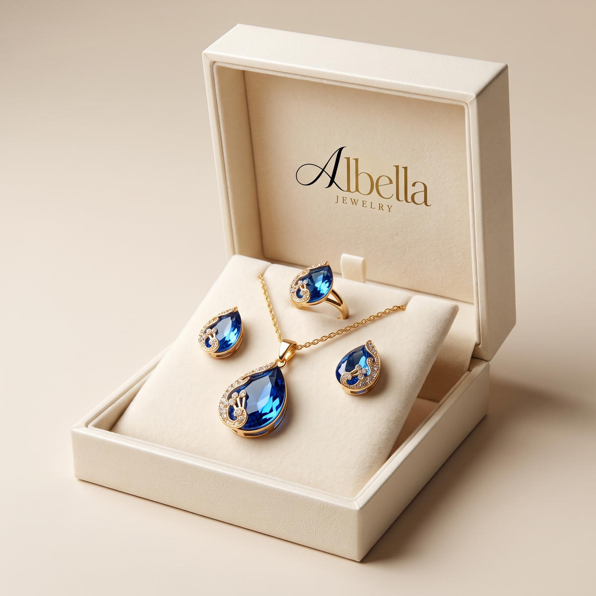 Gold Necklace and Earring Set with Blue Crystal in Albella Jewelry gift box