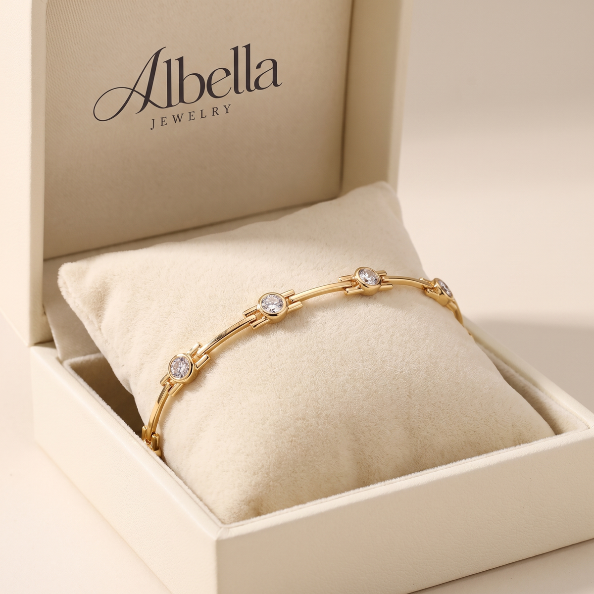 Elegant Gold Bracelet with Zircons in Albella Jewelry gift box