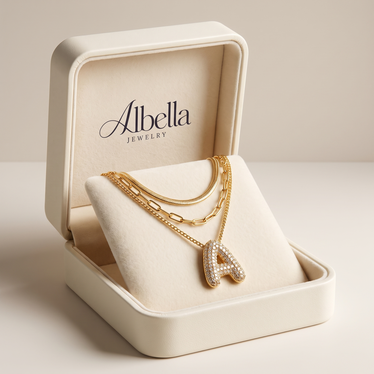 Elegant Gold Initial Letter Necklace in Albella Jewelry gift box